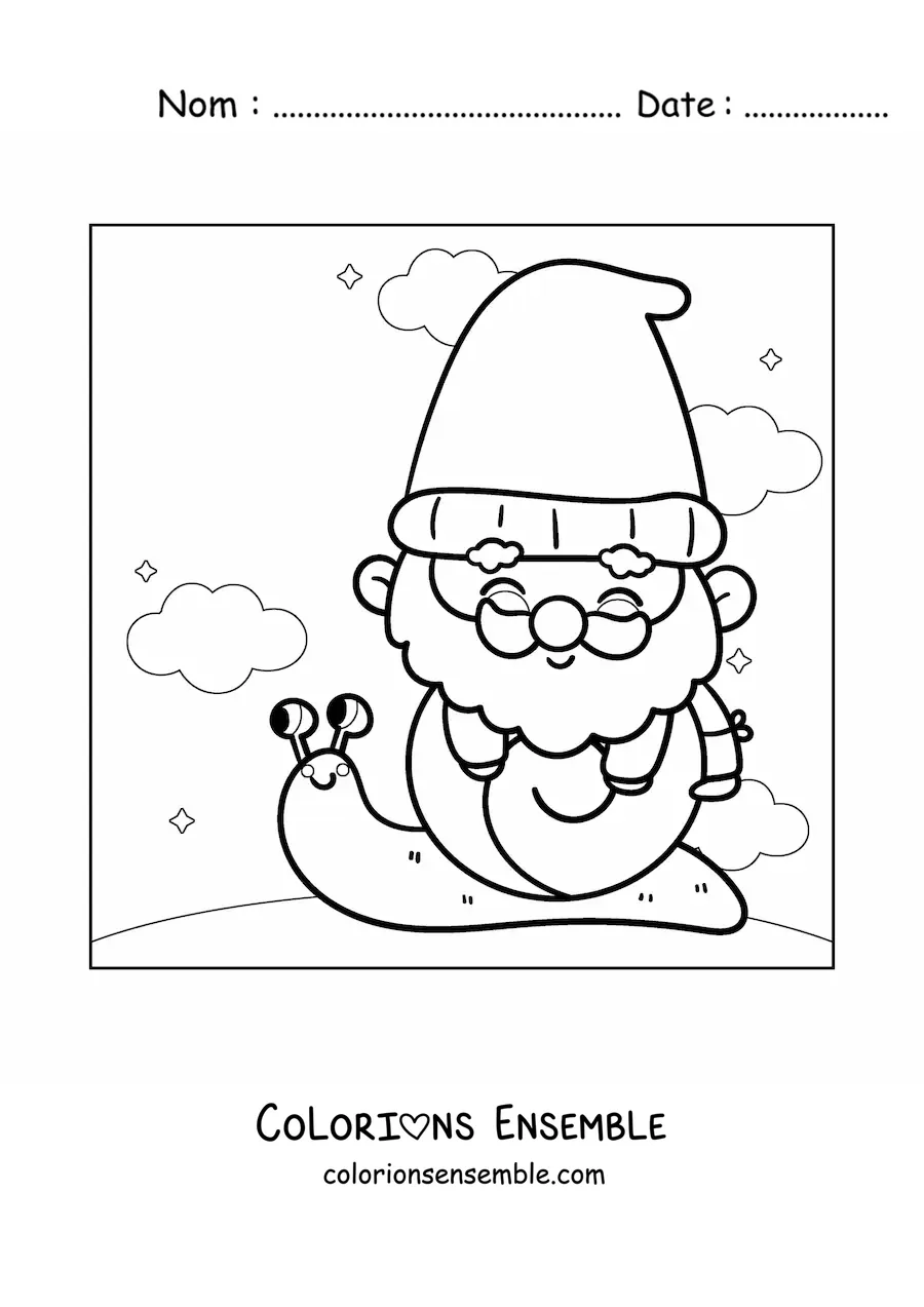 Image à colorier d'un mignon gnome kawaii sur un escargot