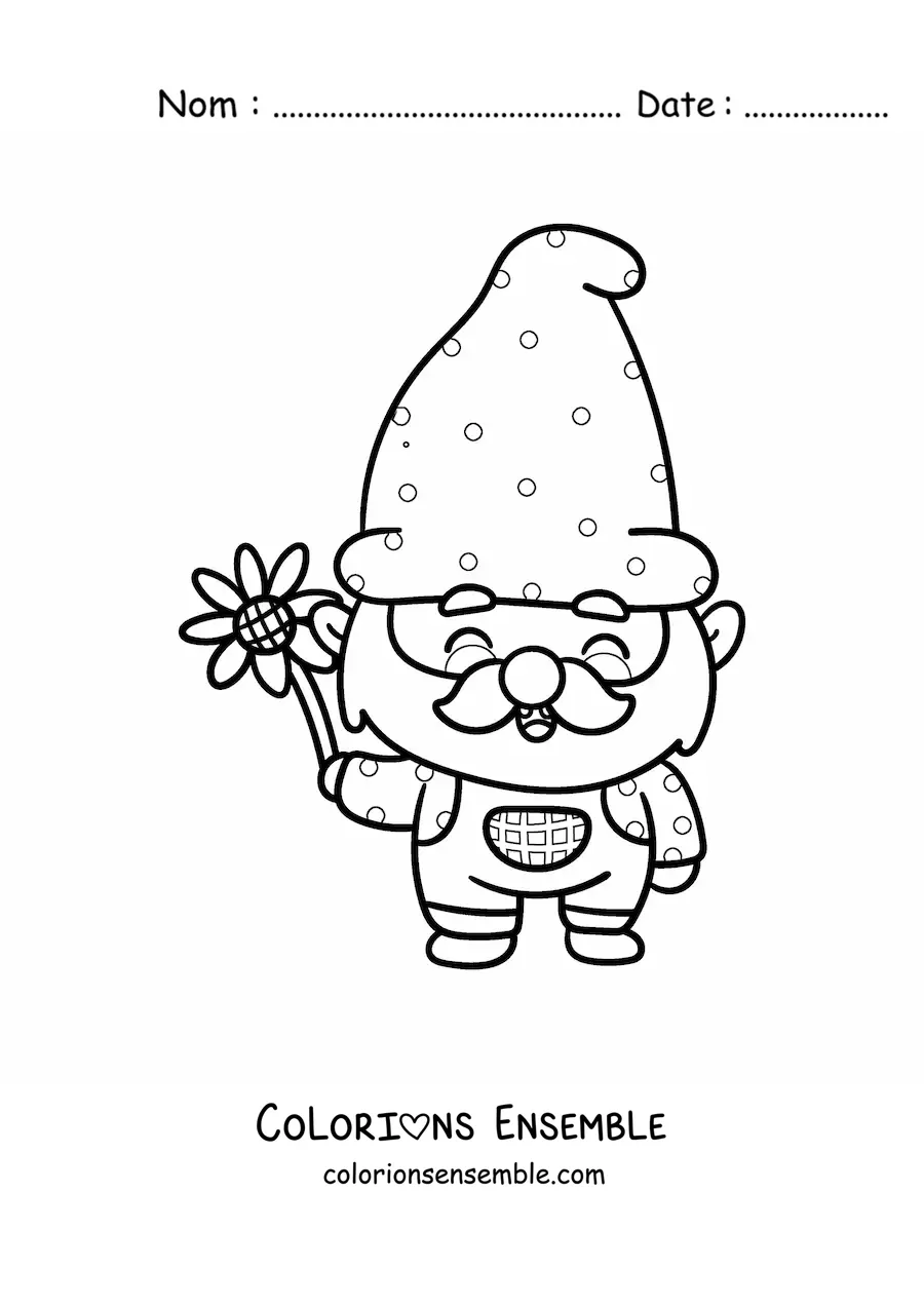 Image à colorier d'un mignon gnome kawaii avec une fleur