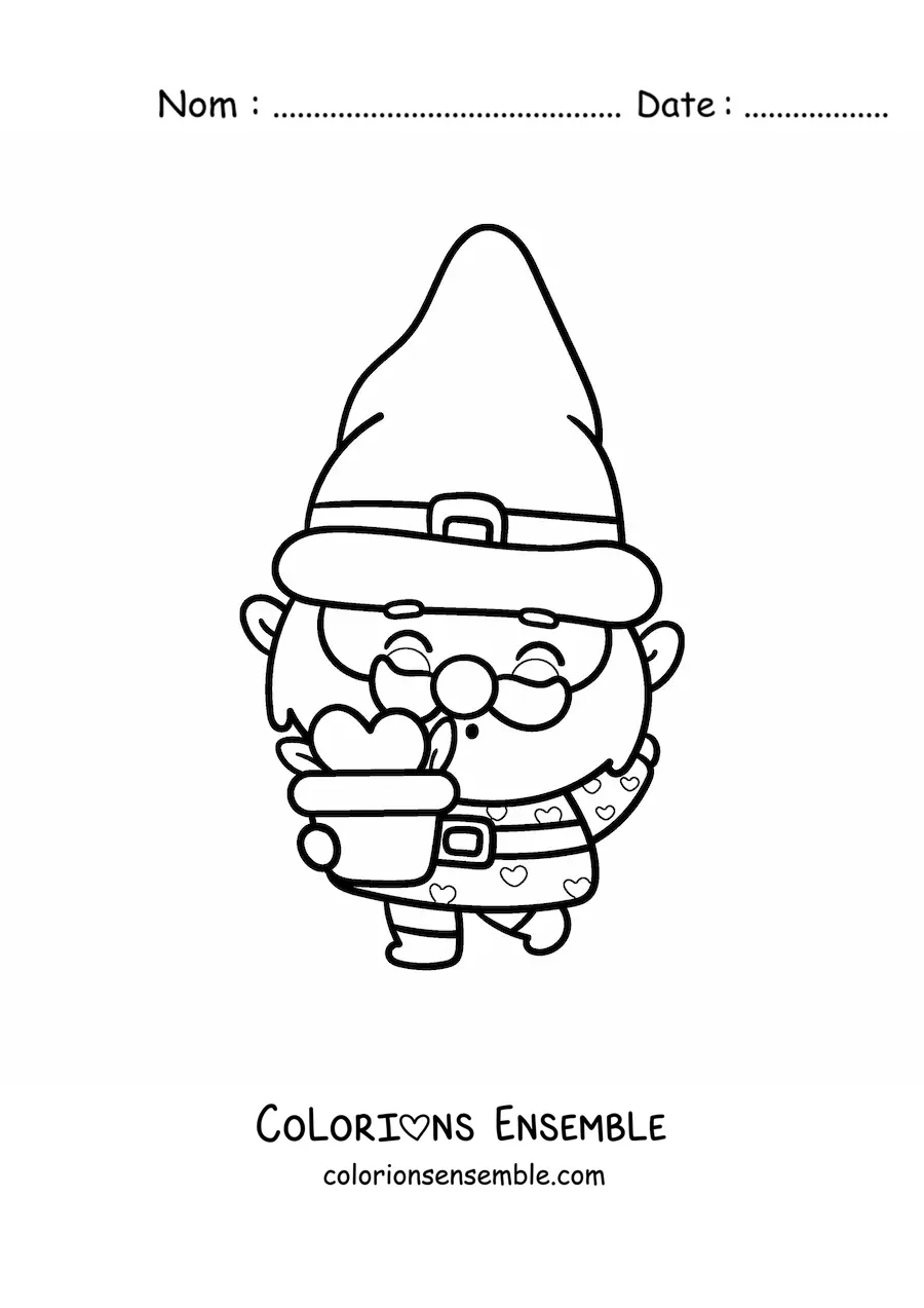 Image à colorier d'un mignon gnome kawaii avec une plante