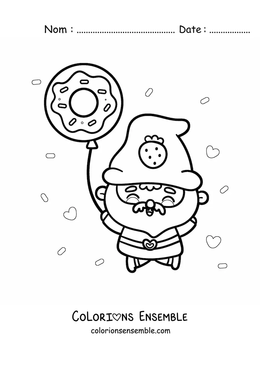 Image à colorier d'un mignon gnome kawaii avec un ballon en forme de donut