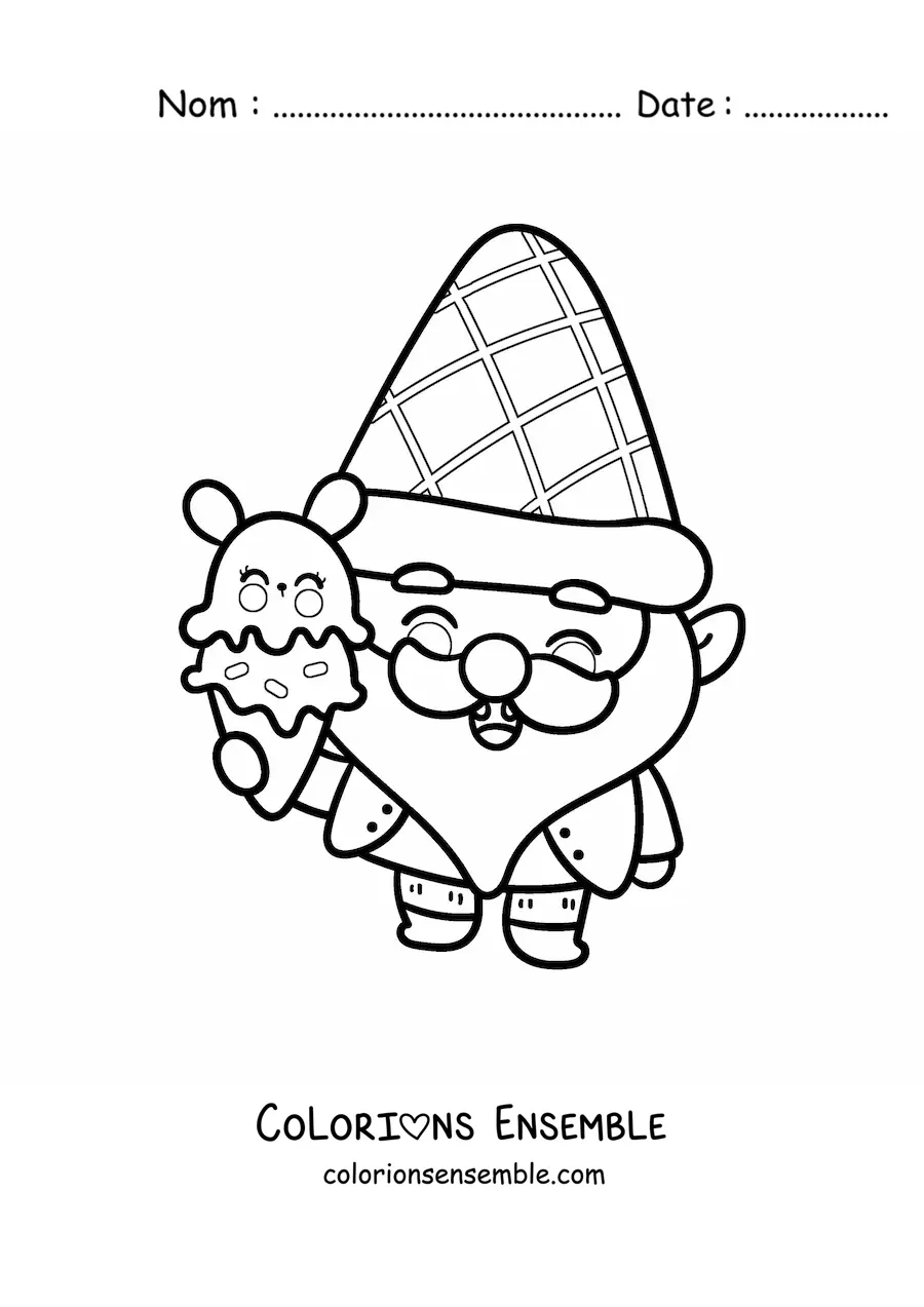 Image à colorier d'un mignon gnome kawaii avec un cornet de glace
