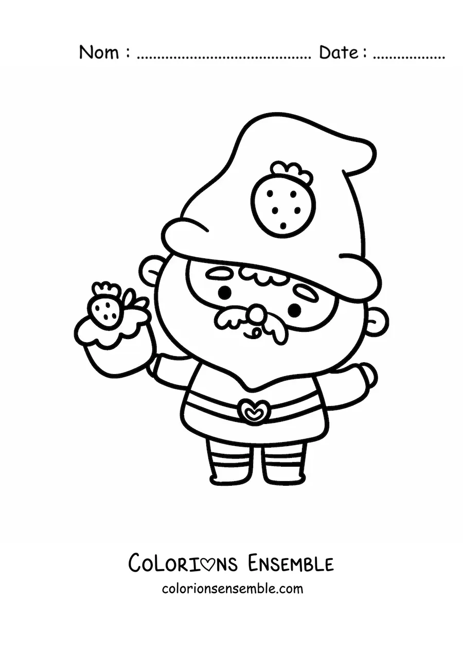 Image à colorier d'un mignon gnome kawaii avec un cupcake à la fraise