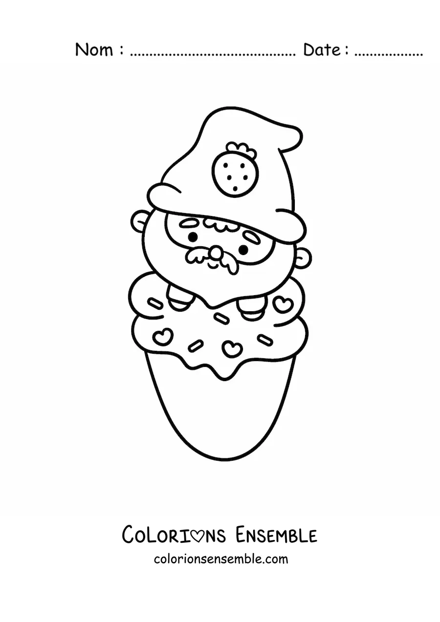 Image à colorier d'un mignon gnome kawaii sur une glace à la fraise