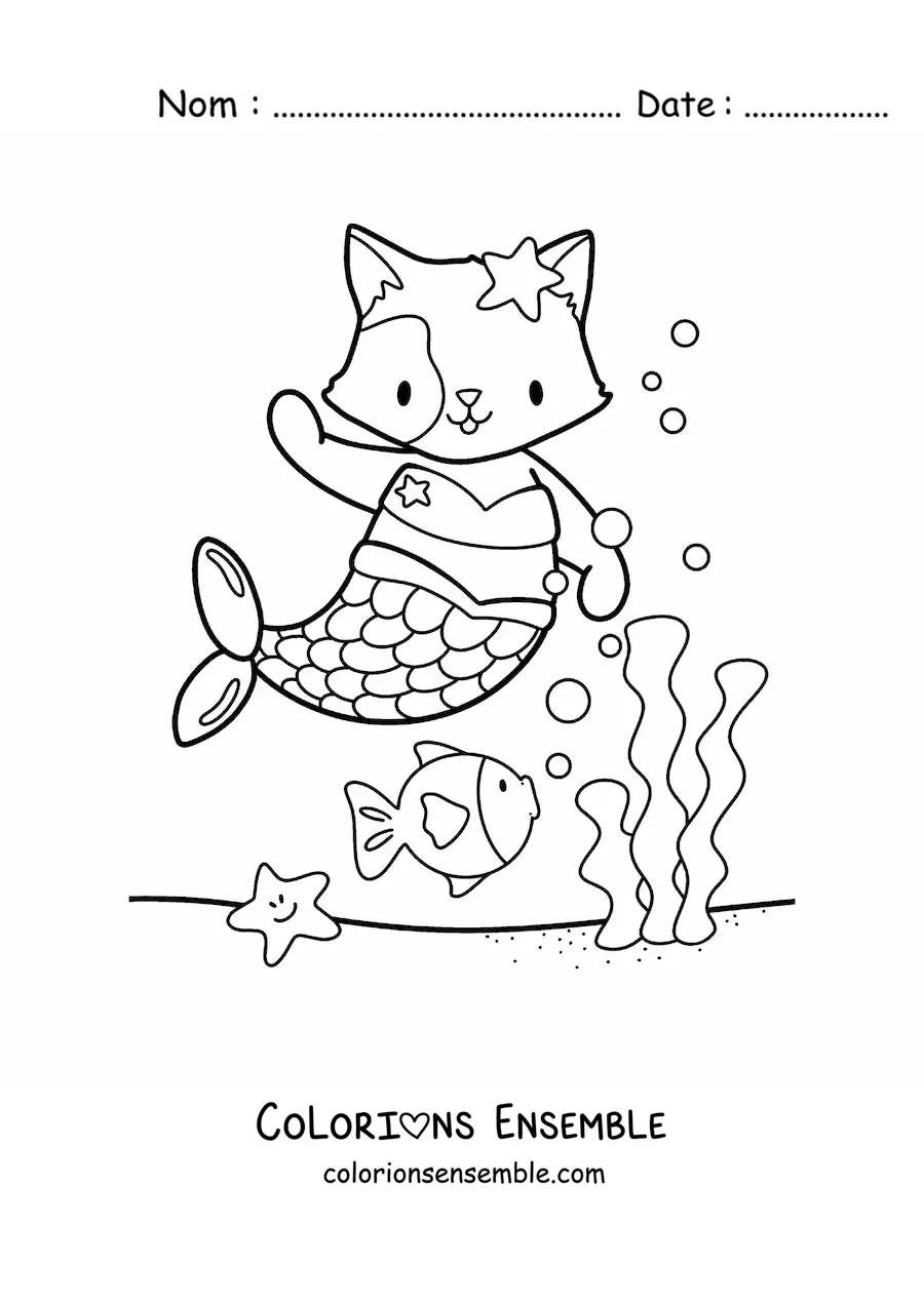Image à colorier d'un mignon chat sirène kawaii dans la mer