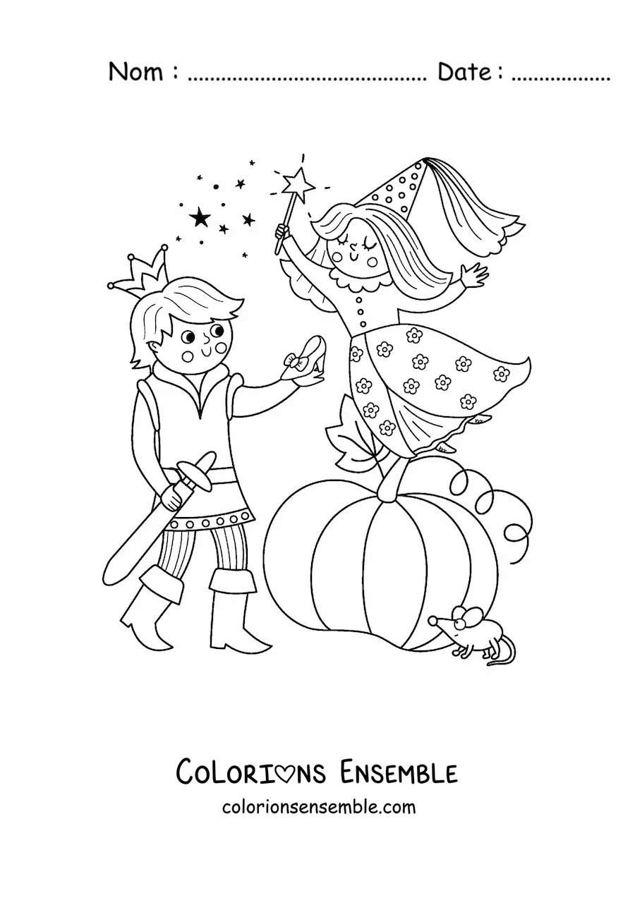 Image à colorier d'une fée marraine et d'un prince