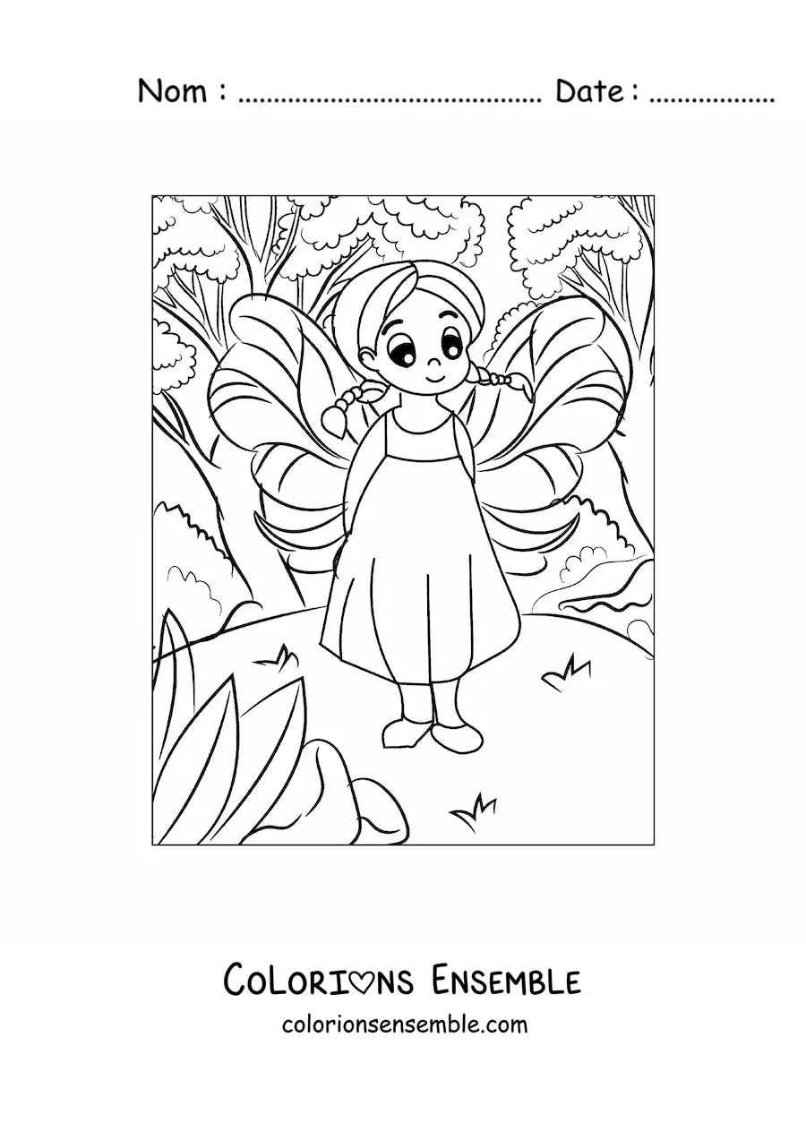 Image à colorier d'un tendre bébé fée dans la forêt
