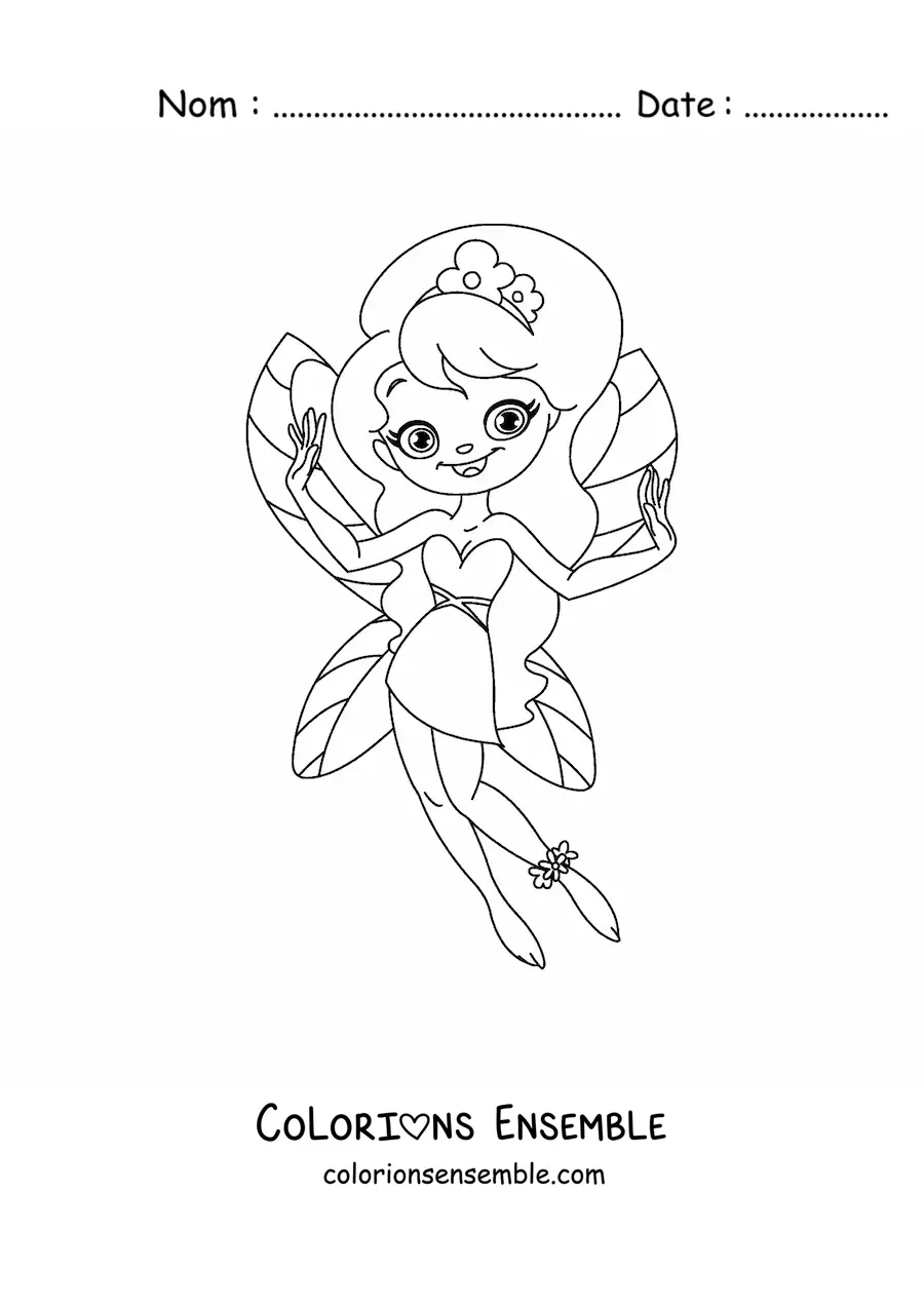Image à colorier d'une fée toute simple et heureuse avec des fleurs