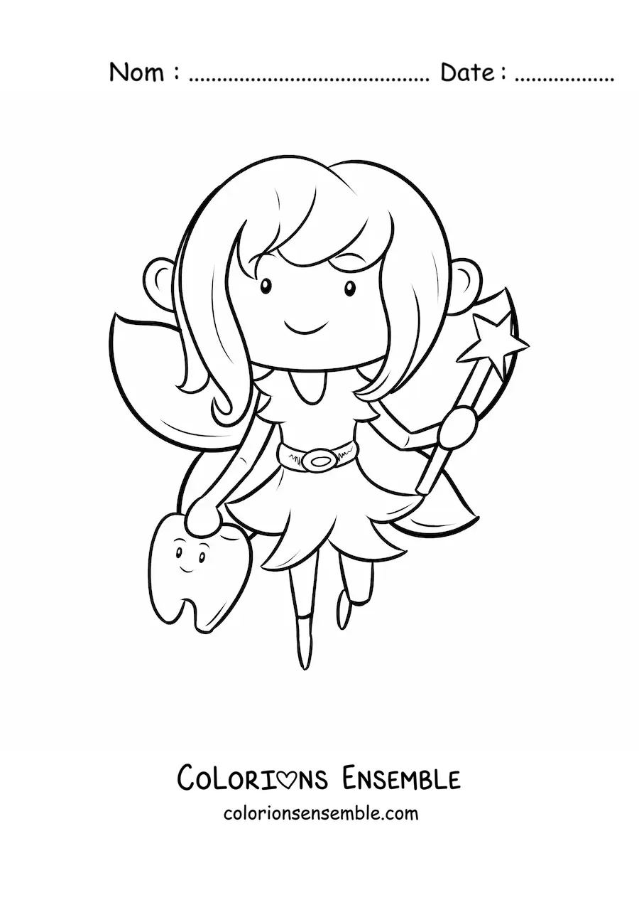 Image à colorier d'une mignonne fée des dents kawaii avec une dent
