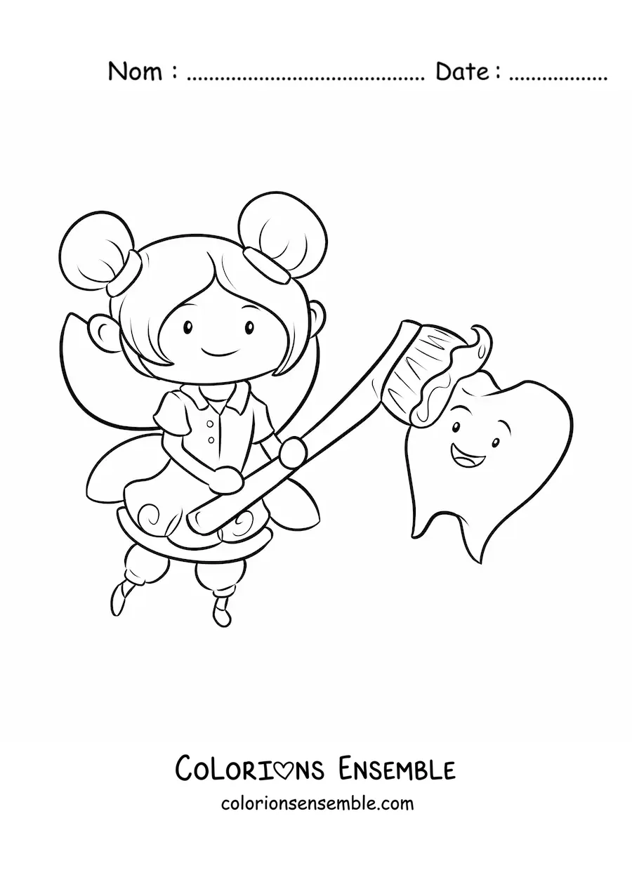 Image à colorier d'une mignonne fée des dents kawaii qui brosse une dent