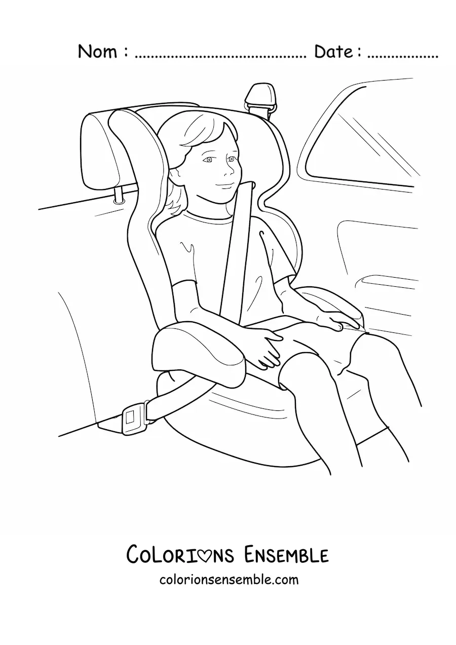 Image à colorier d’un enfant attaché par sa ceinture dans son siège auto
