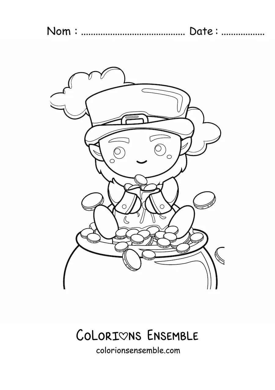 Image à colorier d'un mignon lutin kawaii assis sur sa marmite d'or