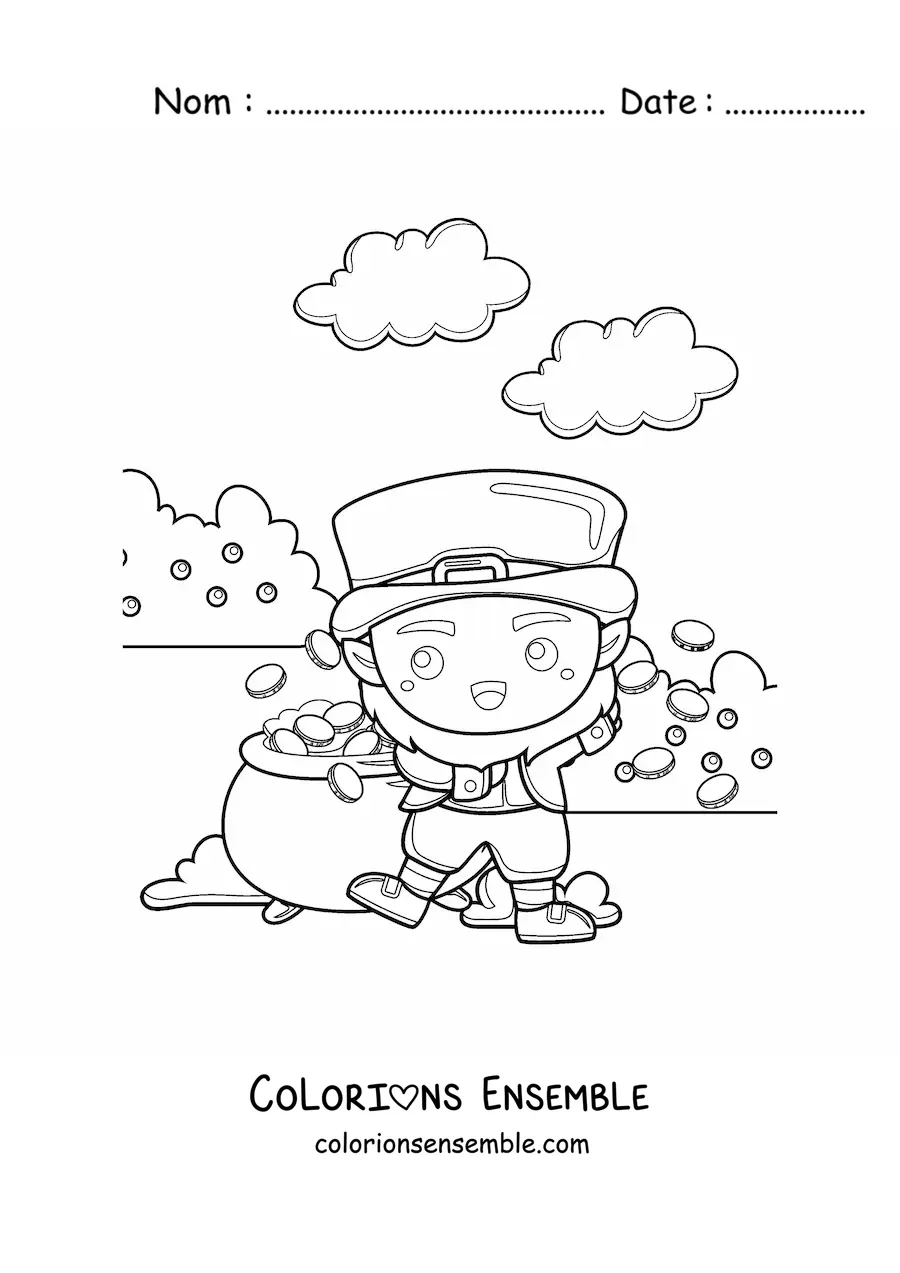 Image à colorier d'un mignon lutin kawaii à côté de sa marmite d'or