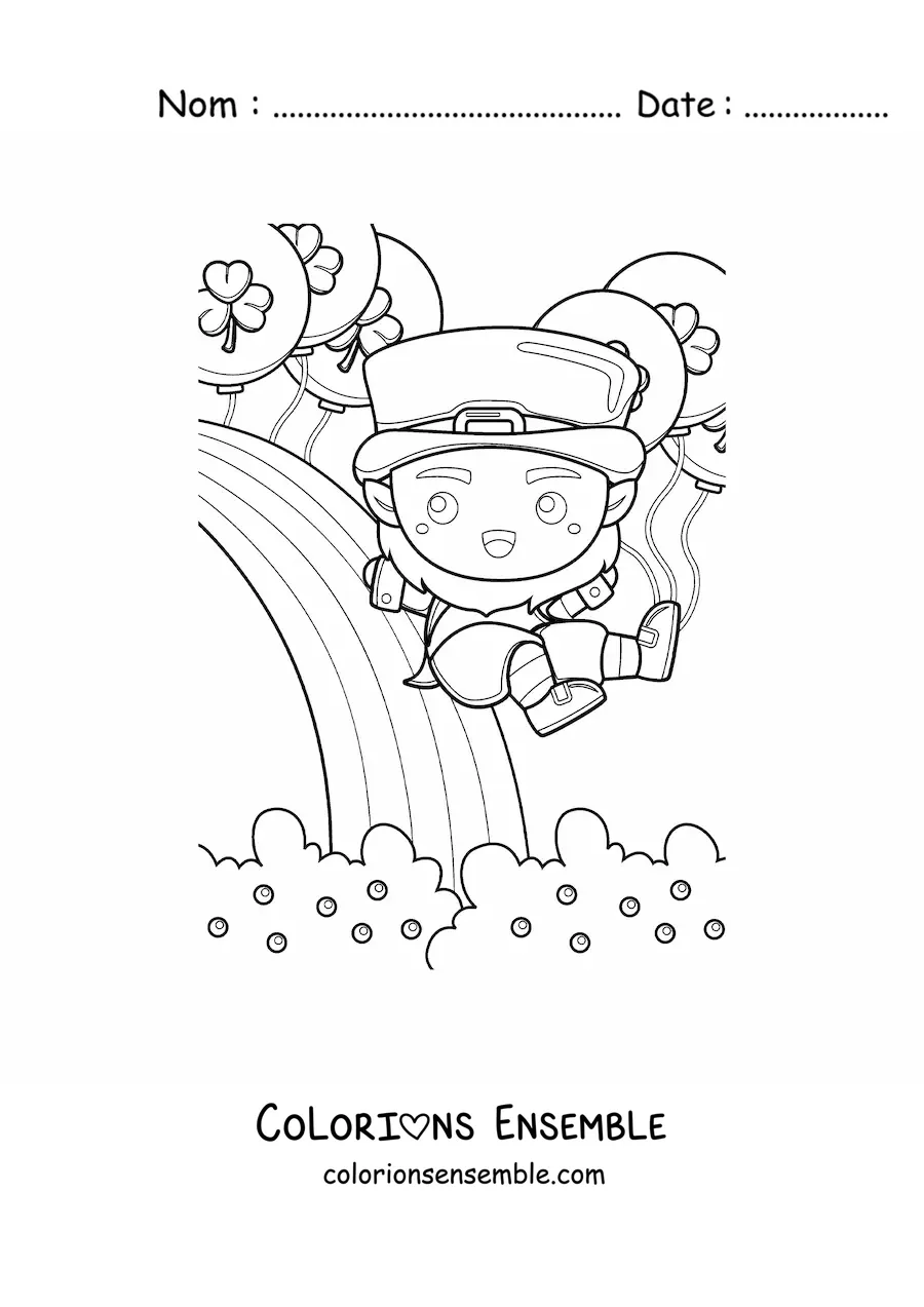 Image à colorier d'un mignon lutin porte-bonheur kawaii qui glisse sur un arc-en-ciel