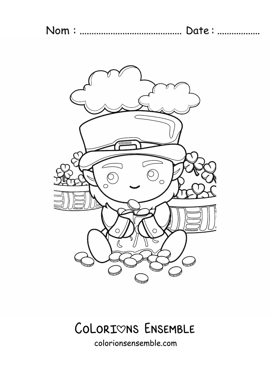 Image à colorier d'un mignon lutin porte-bonheur kawaii avec de l'or et des trèfles