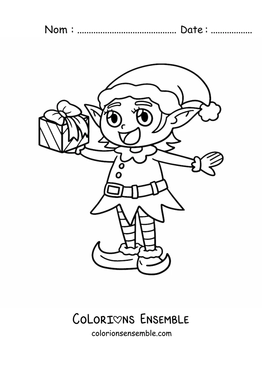 Image à colorier d'un lutin magique de Noël avec un cadeau