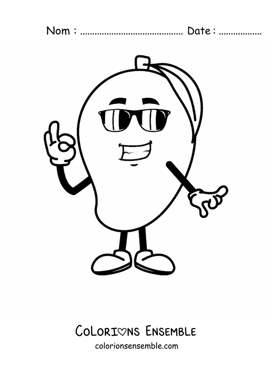 Image à colorier d'une mangue animée avec des lunettes de soleil