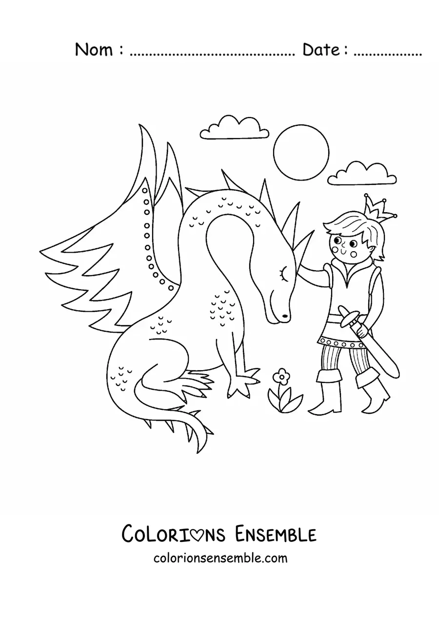 Image à colorier d'un prince et d'un dragon