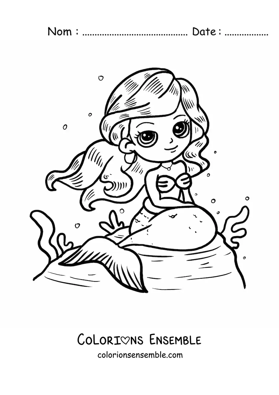 Image à colorier d'une mignonne sirène kawaii assise sur un rocher