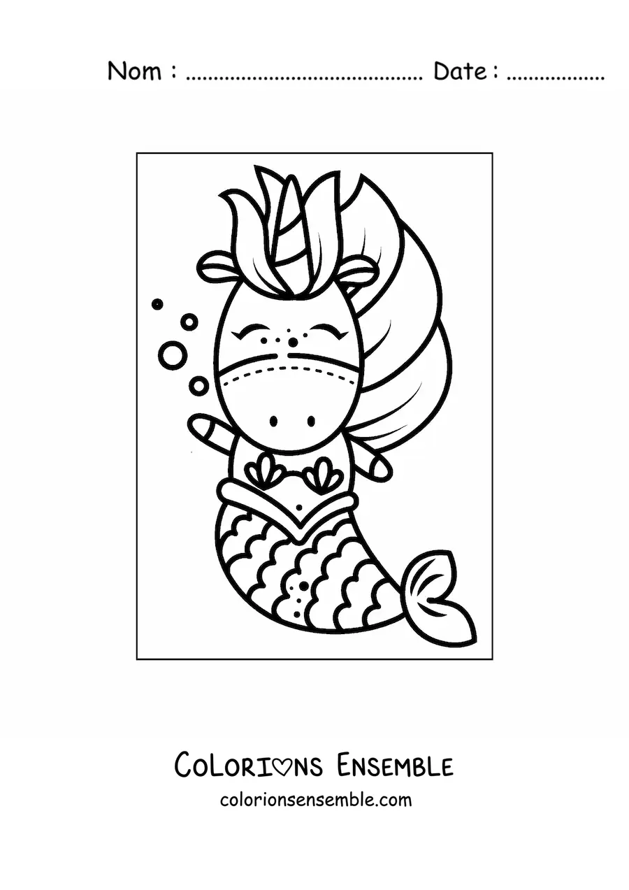 Image à colorier d'une mignonne licorne sirène kawaii