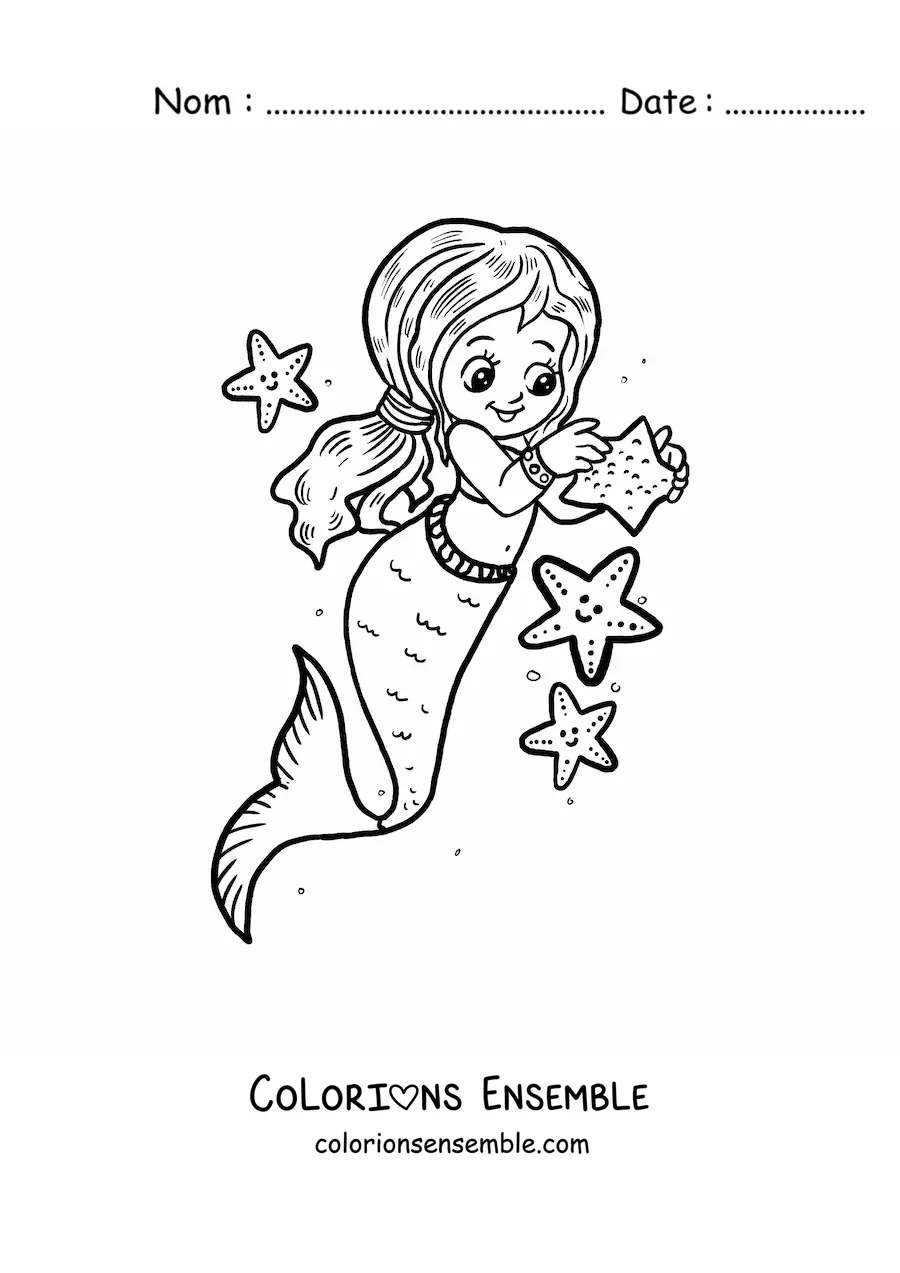 Image à colorier d'une mignonne fillette sirène kawaii avec des étoiles de mer
