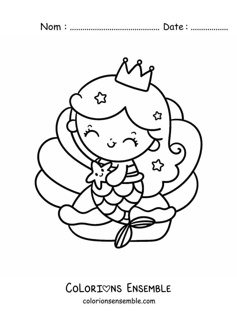 Image à colorier d'une mignonne princesse sirène kawaii assise dans un coquillage