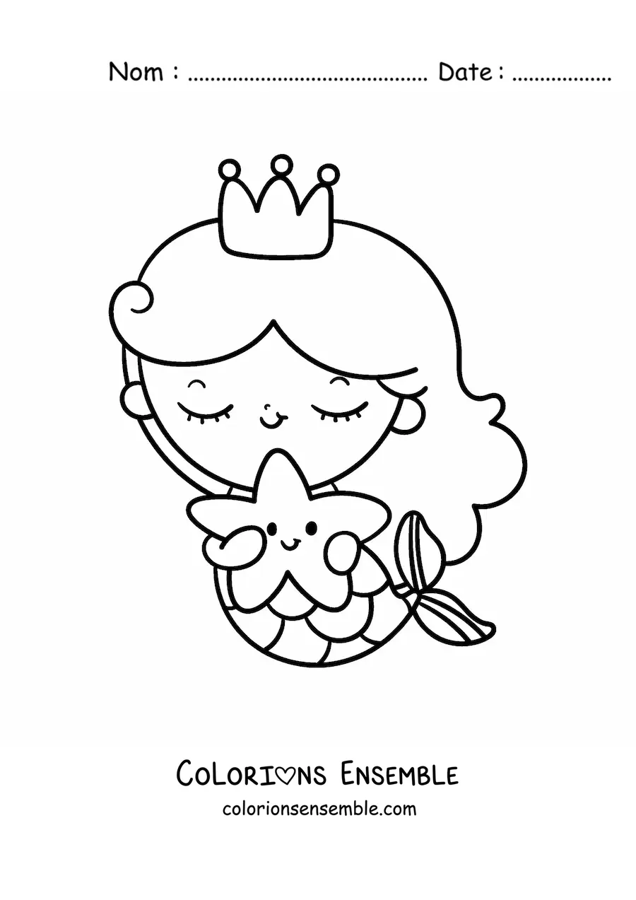 Image à colorier d'une mignonne princesse sirène kawaii avec une étoile de mer
