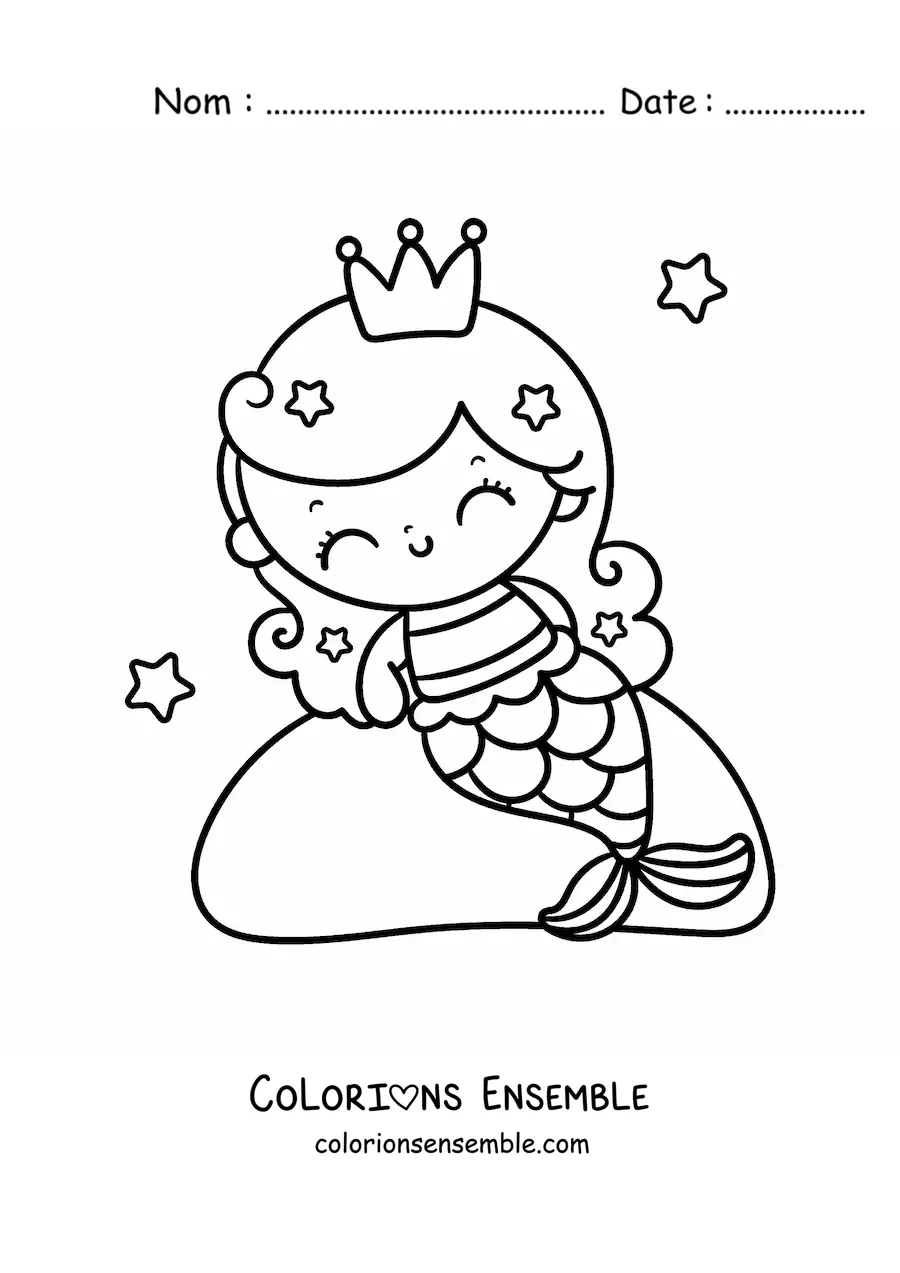Image à colorier d'une mignonne princesse sirène kawaii assise sur un rocher
