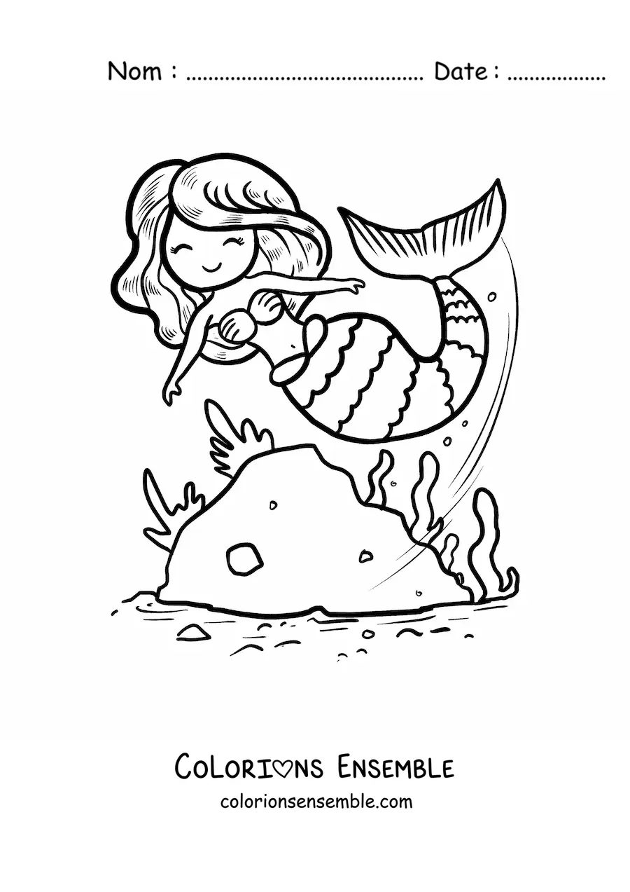 Image à colorier d'une tendre sirène animée qui nage dans la mer