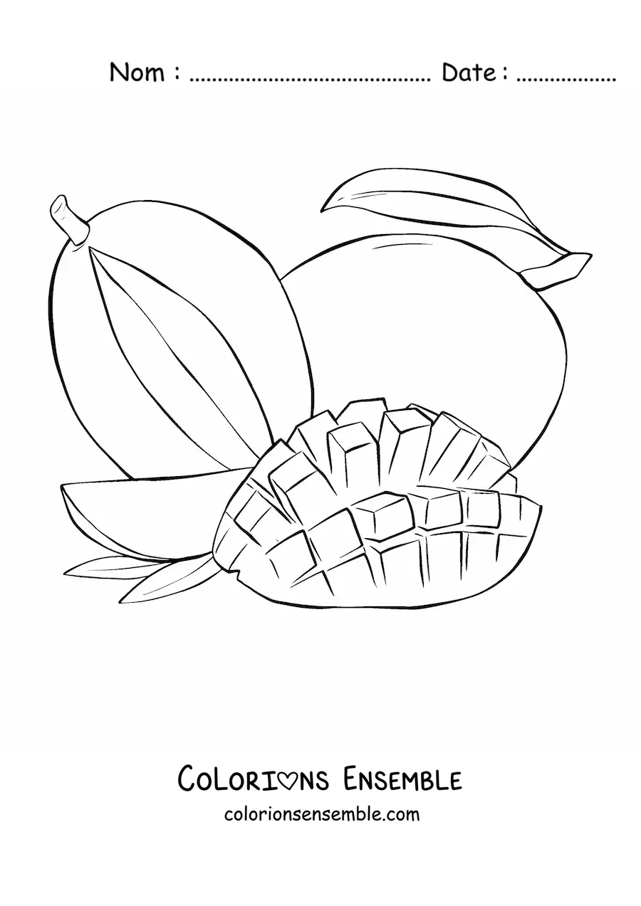 Image à colorier d'une mangue coupée en quadrillage avec une mangue entière au fond
