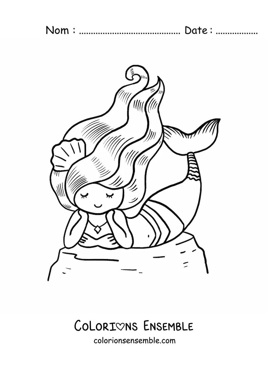 Image à colorier d'une belle sirène allongée sur un rocher