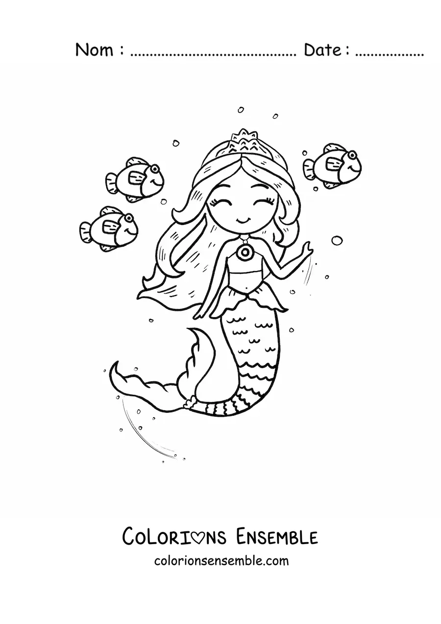 Image à colorier d'une princesse sirène qui nage avec des poissons