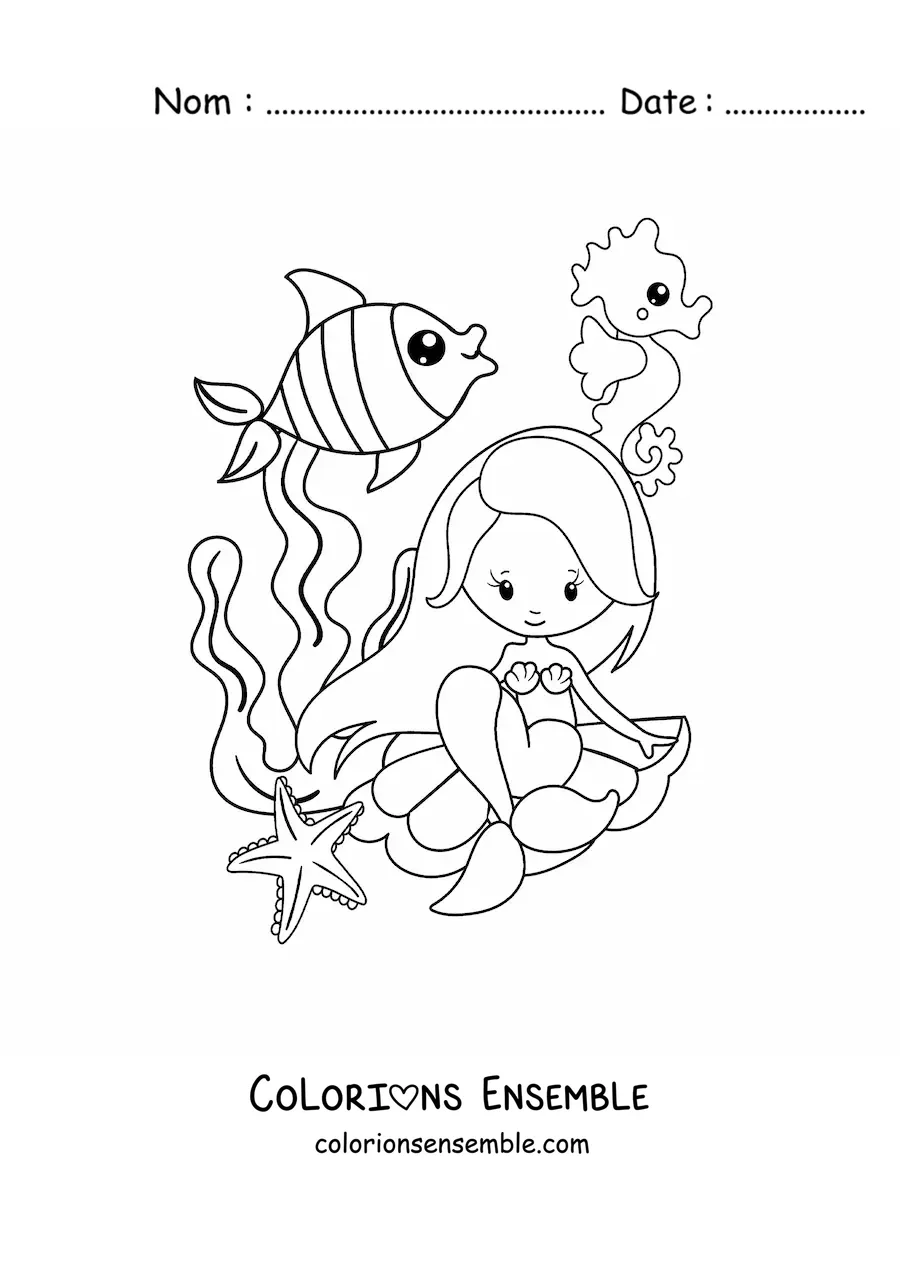 Image à colorier d'une mignonne sirène kawaii assise dans un coquillage avec des poissons