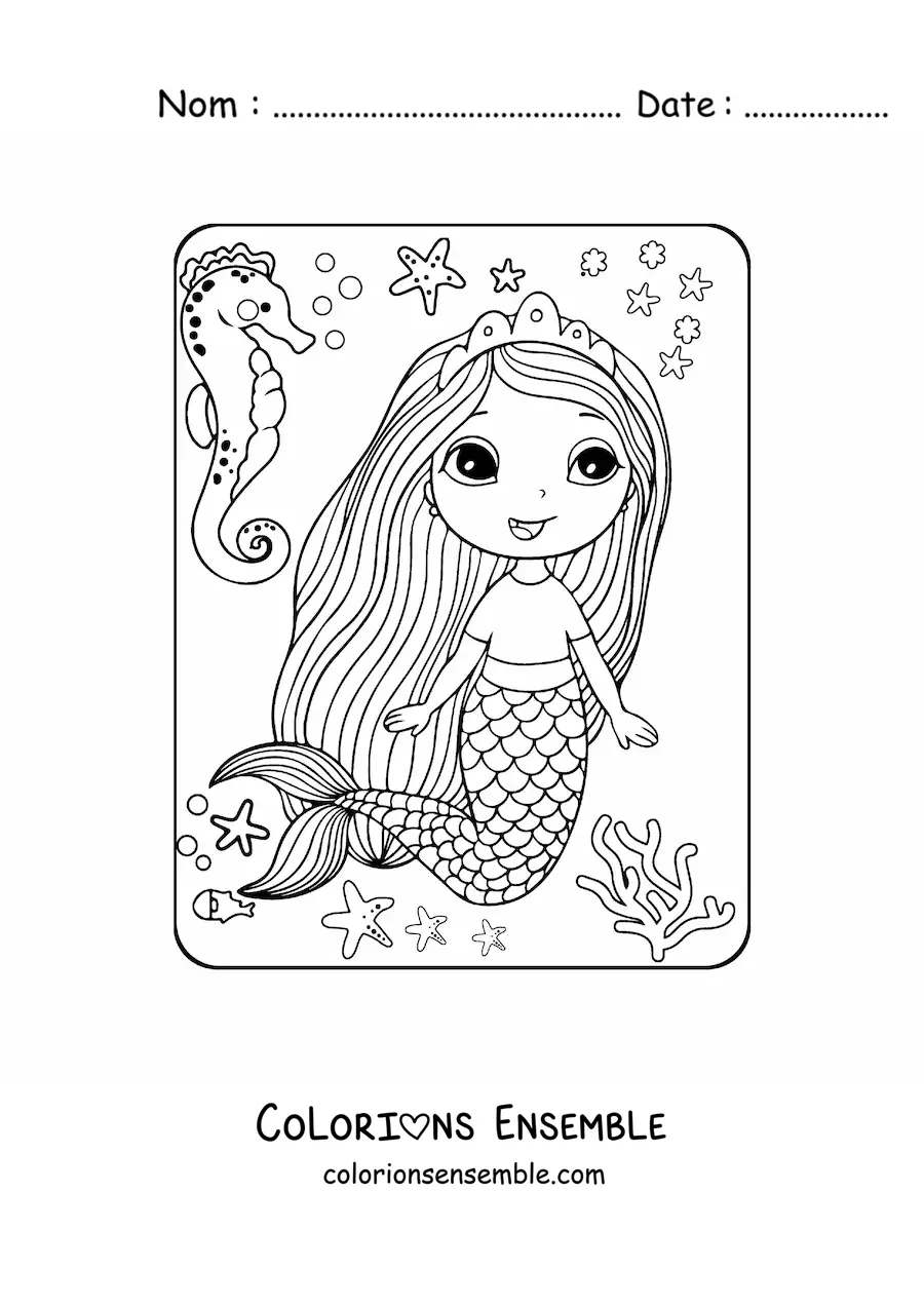 Image à colorier d'une mignonne princesse sirène kawaii qui nage avec un hippocampe