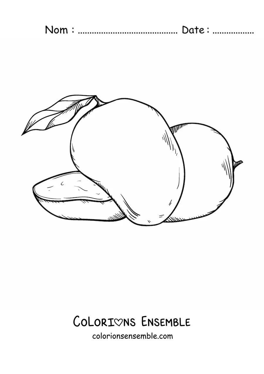 Image à colorier d'une mangue coupée avec une autre mangue entière