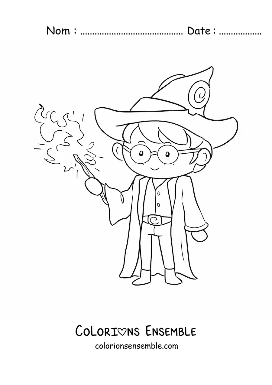 Image à colorier d'un magicien animé avec une baguette