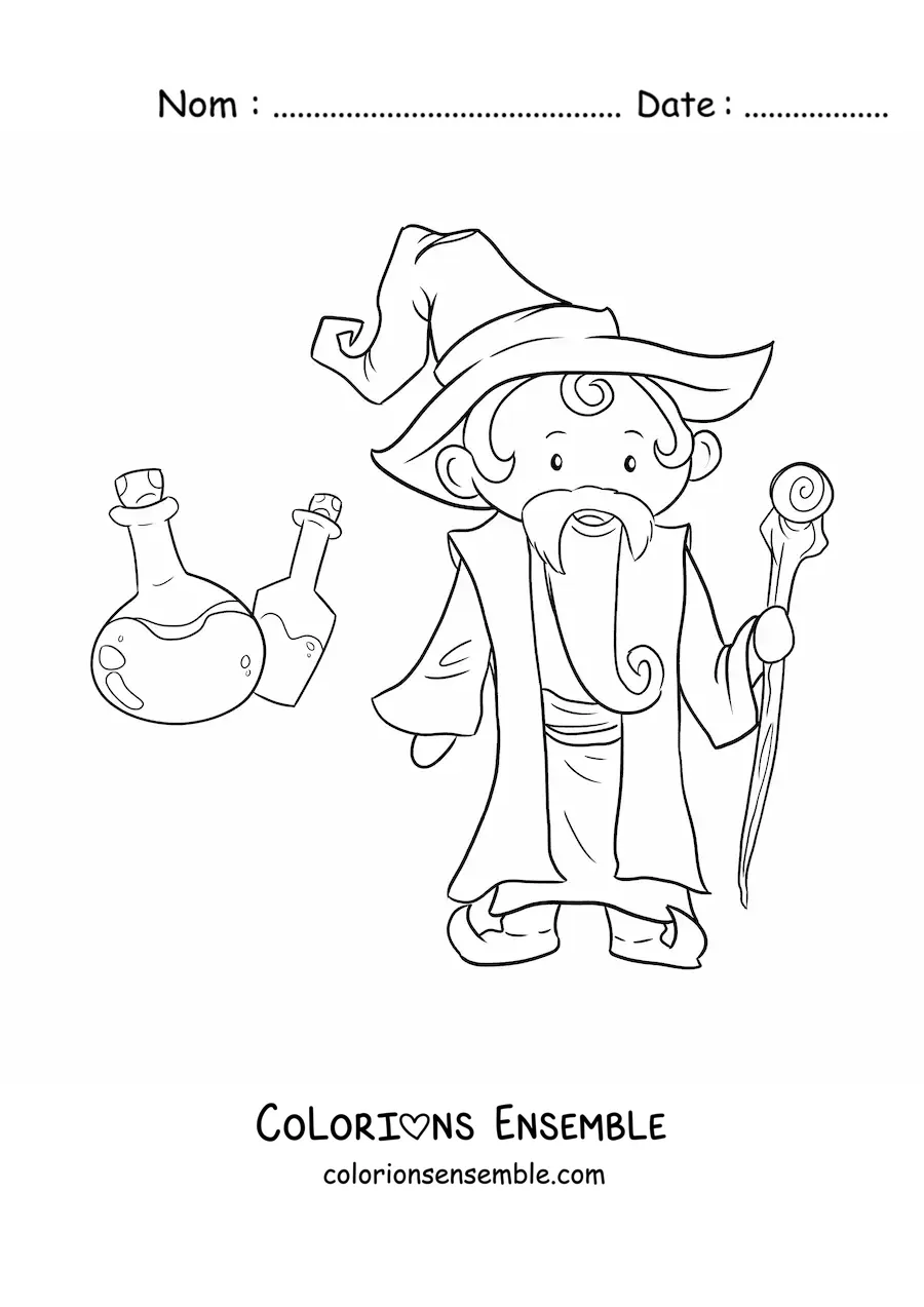 Image à colorier d'un magicien avec des potions