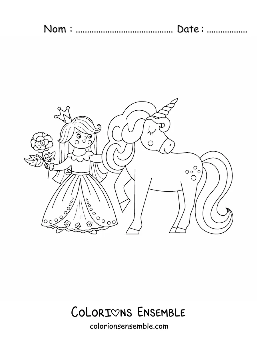 Image à colorier d'une mignonne princesse kawaii avec une licorne