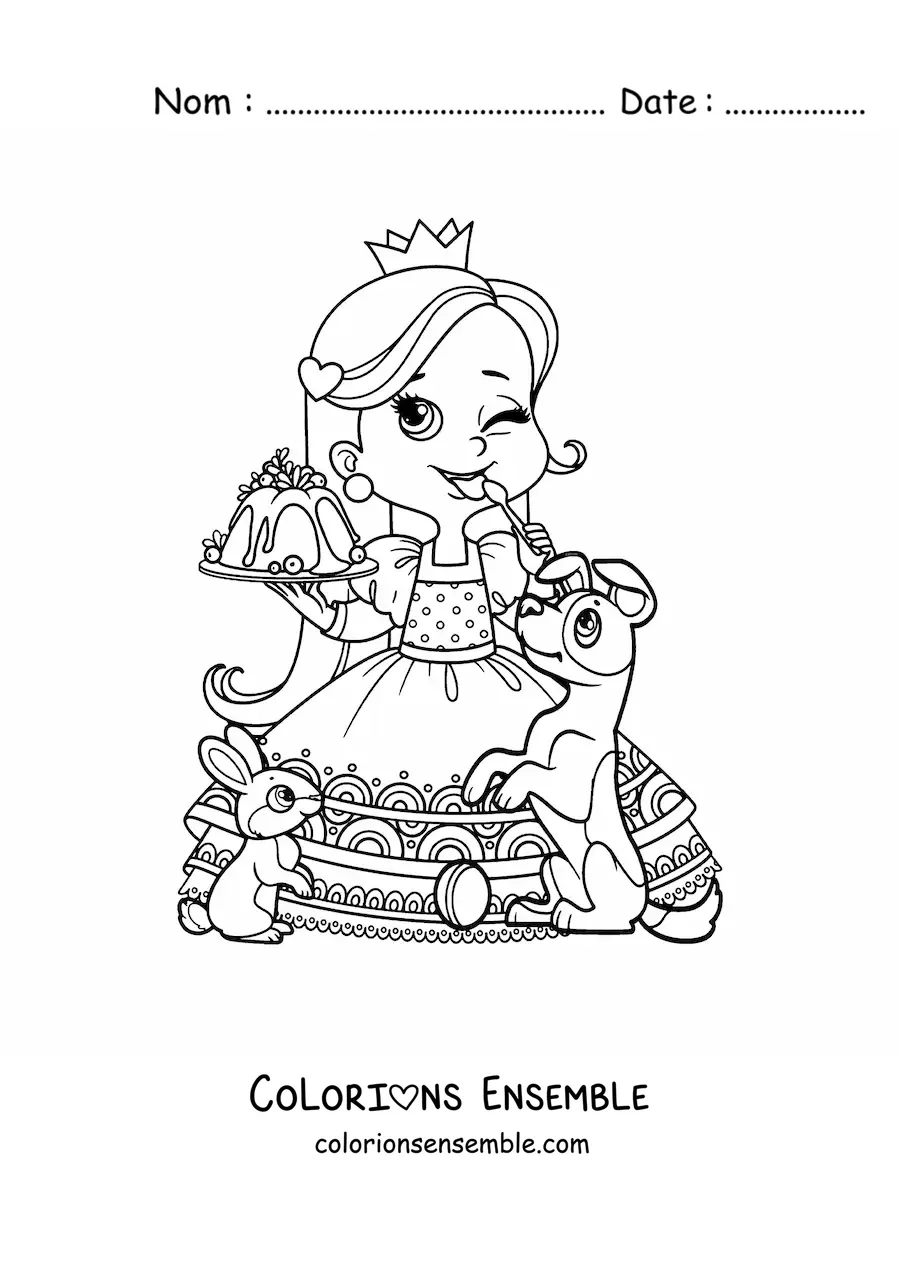 Coloriage d'une princesse kawaii avec un dessert et des petits animaux