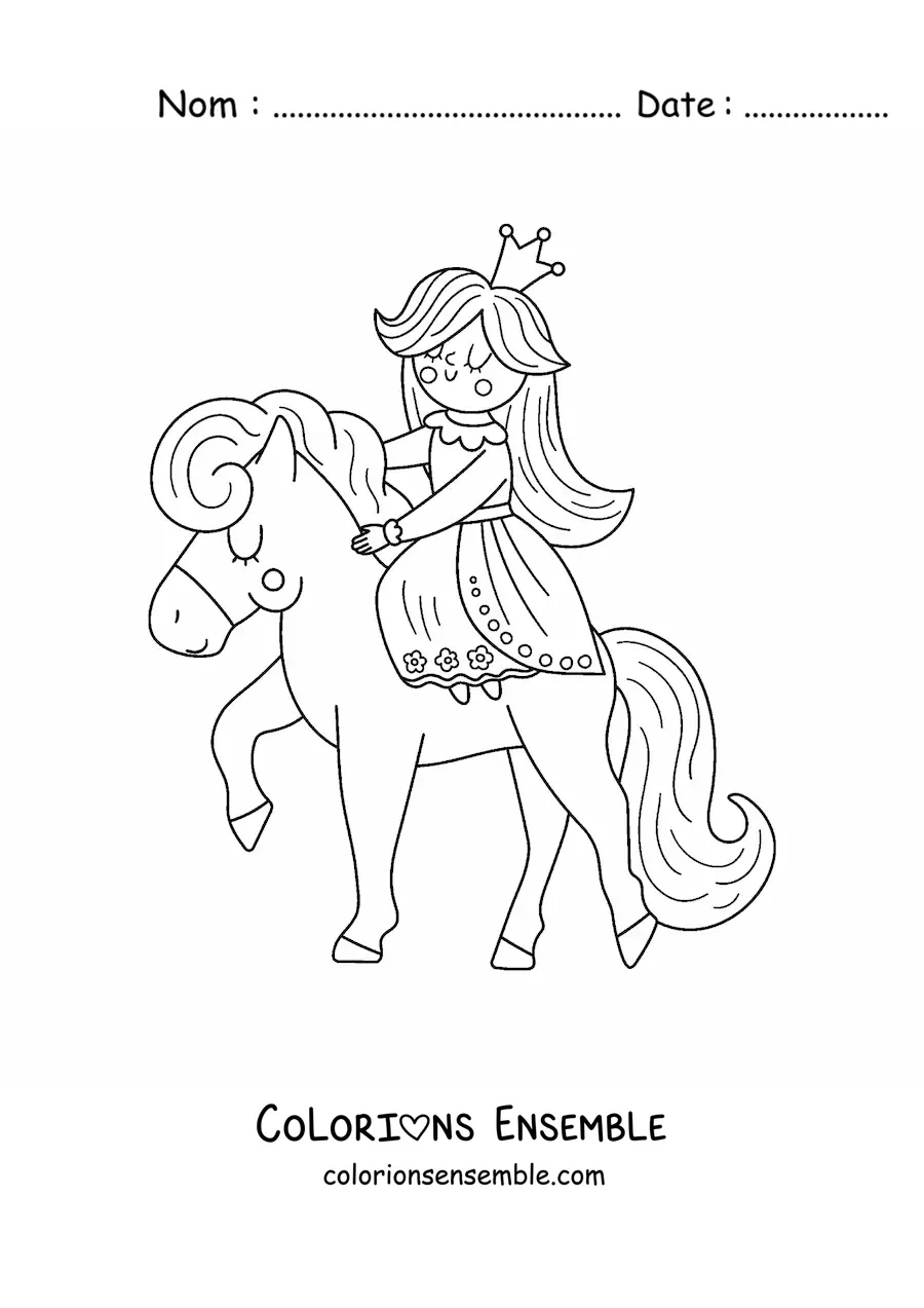 Coloriage d'une princesse kawaii sur un poney