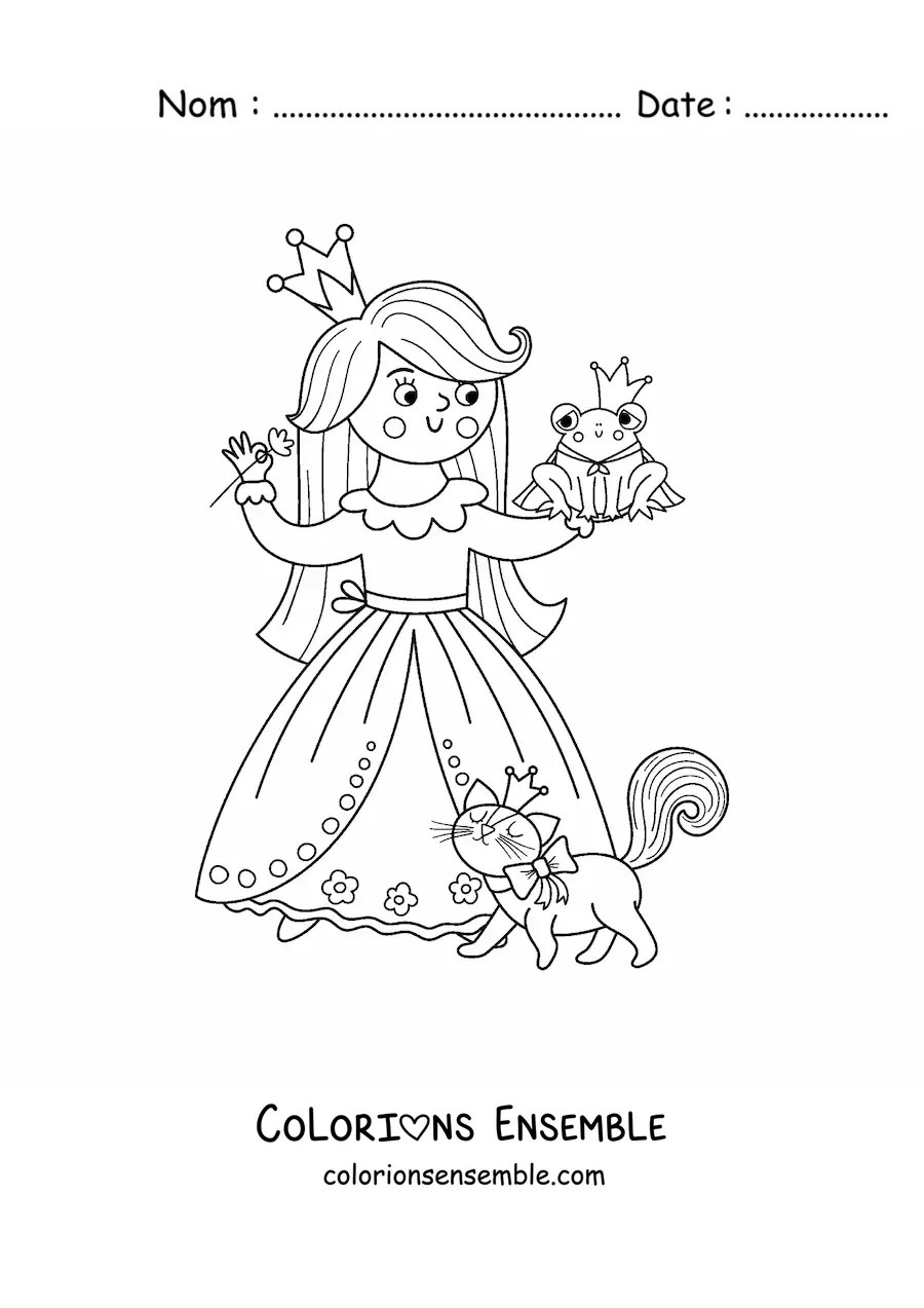Coloriage d'une princesse kawaii avec un petit animal et un prince transformé en grenouille