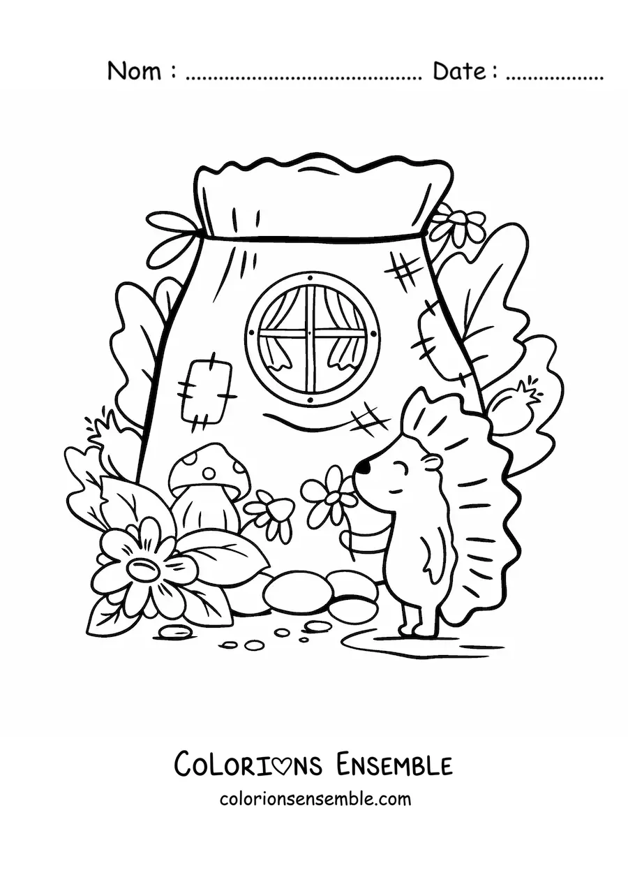 Coloriage d'un porc-épic animé et d'une maison de la forêt enchantée