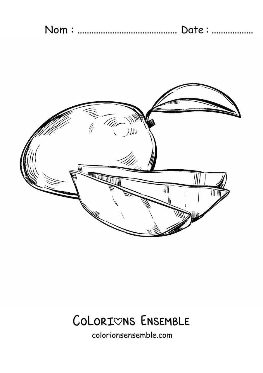 Image à colorier d'une mangue coupée avec une mangue entière au fond