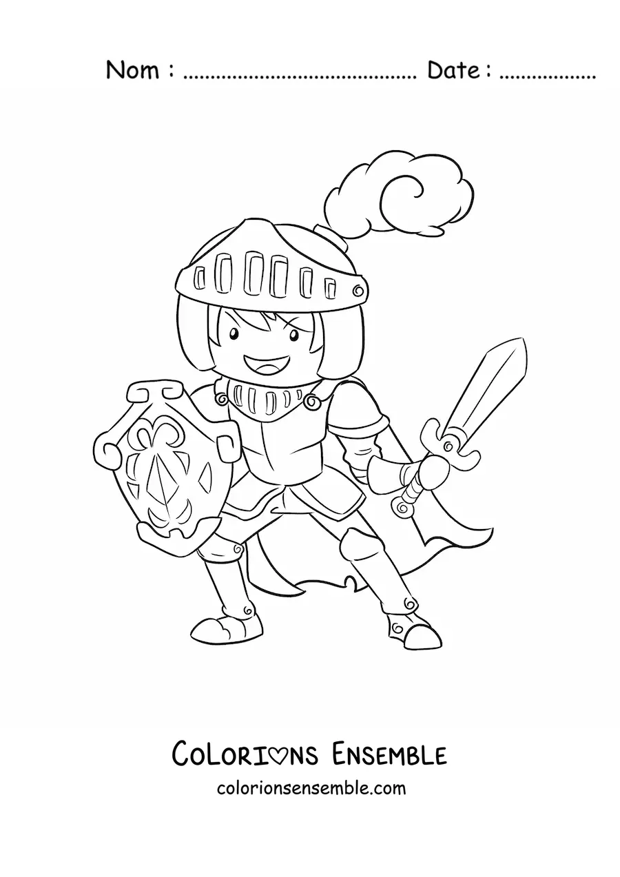Coloriage d'un chevalier animé avec une épée et un bouclier