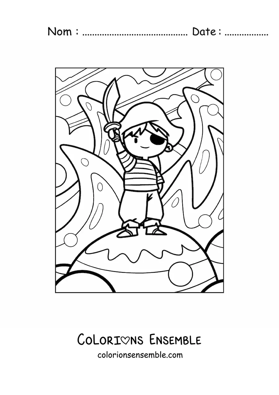 Coloriage d'un petit pirate animé avec une épée sur une île