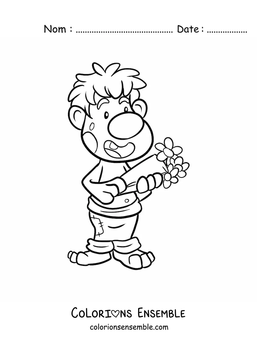 Coloriage d'un troll animé amoureux avec un bouquet de fleurs