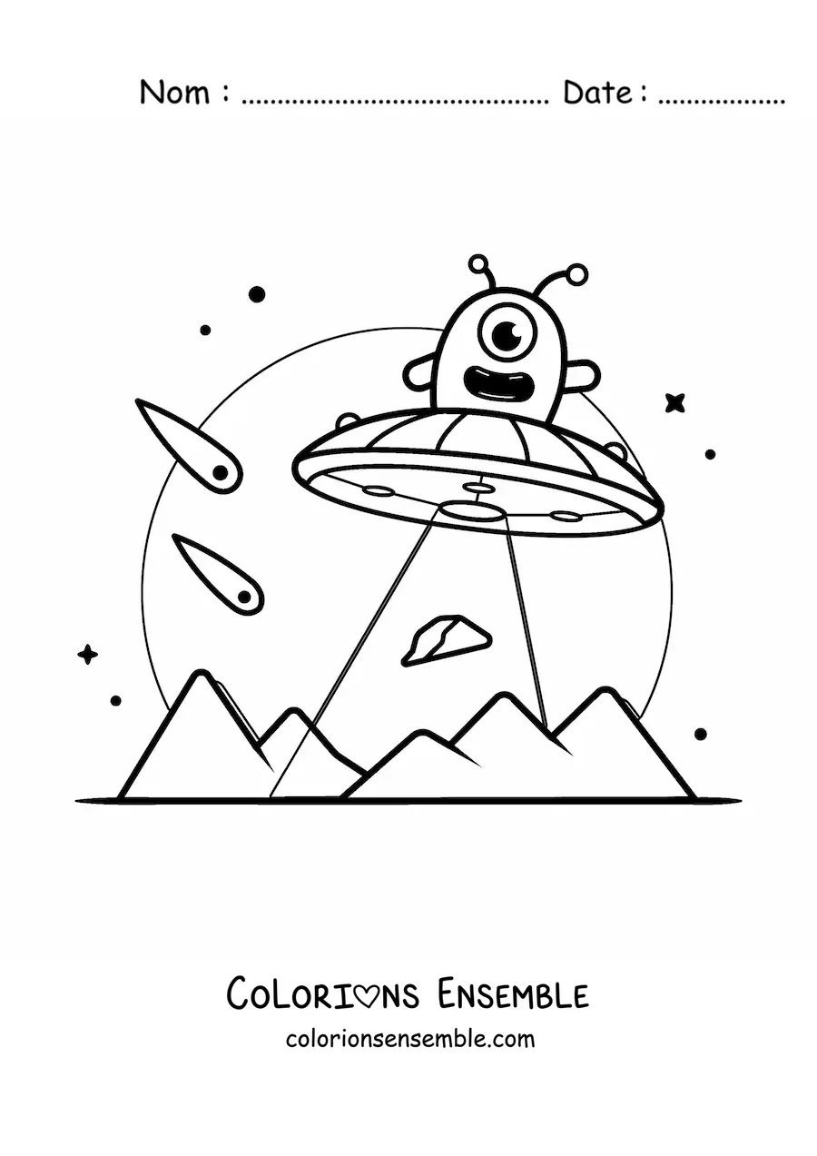 Coloriage d'un extraterrestre animé qui vole dans un ovni