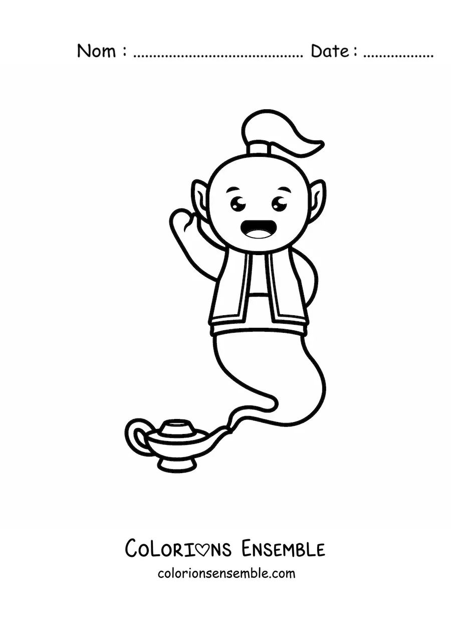 Coloriage d'un génie kawaii qui sort de la lampe