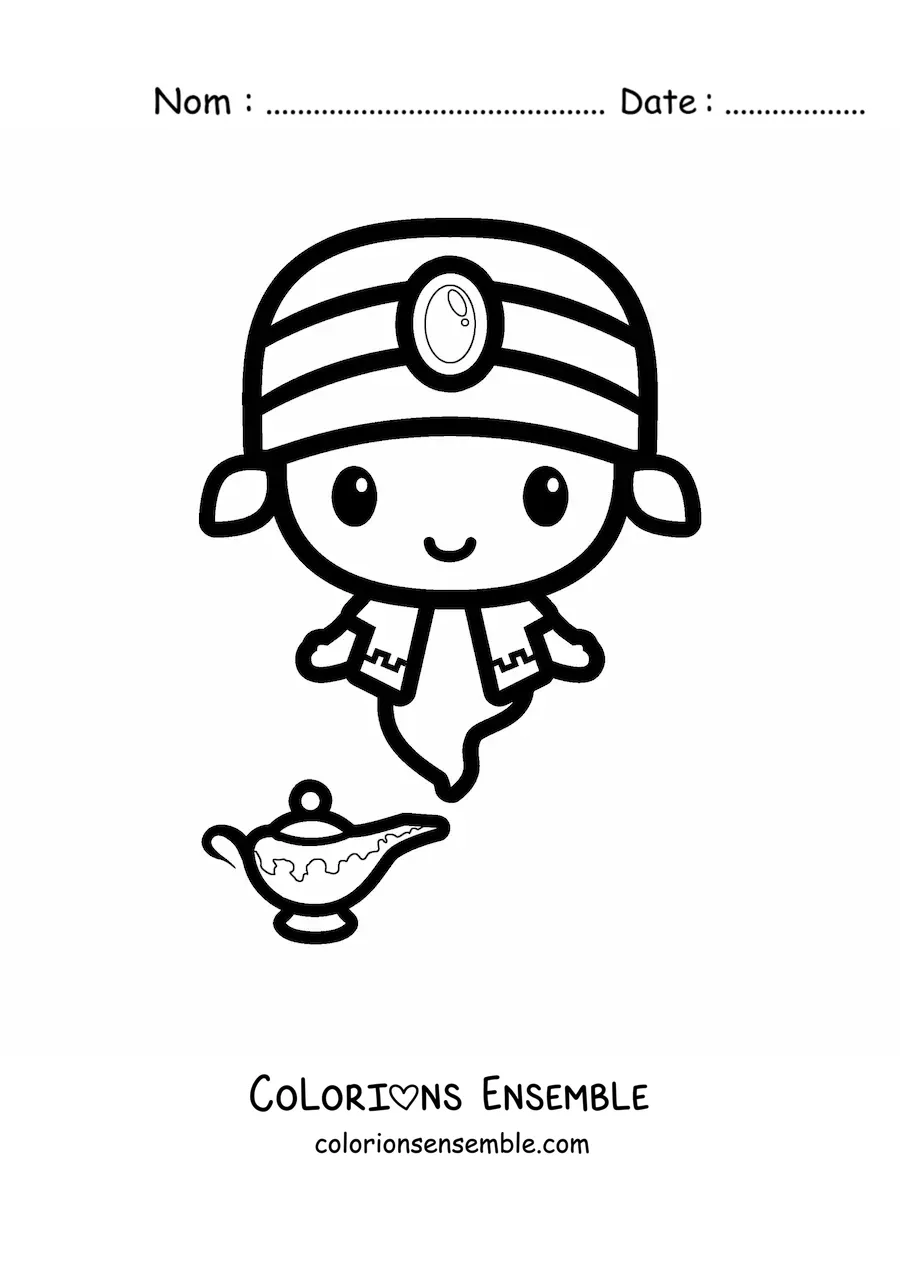 Coloriage facile d'un génie kawaii qui sort de la lampe