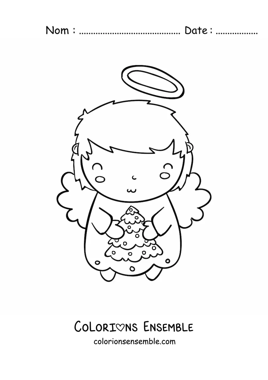 Coloriage d'un ange de Noël animé avec un petit sapin