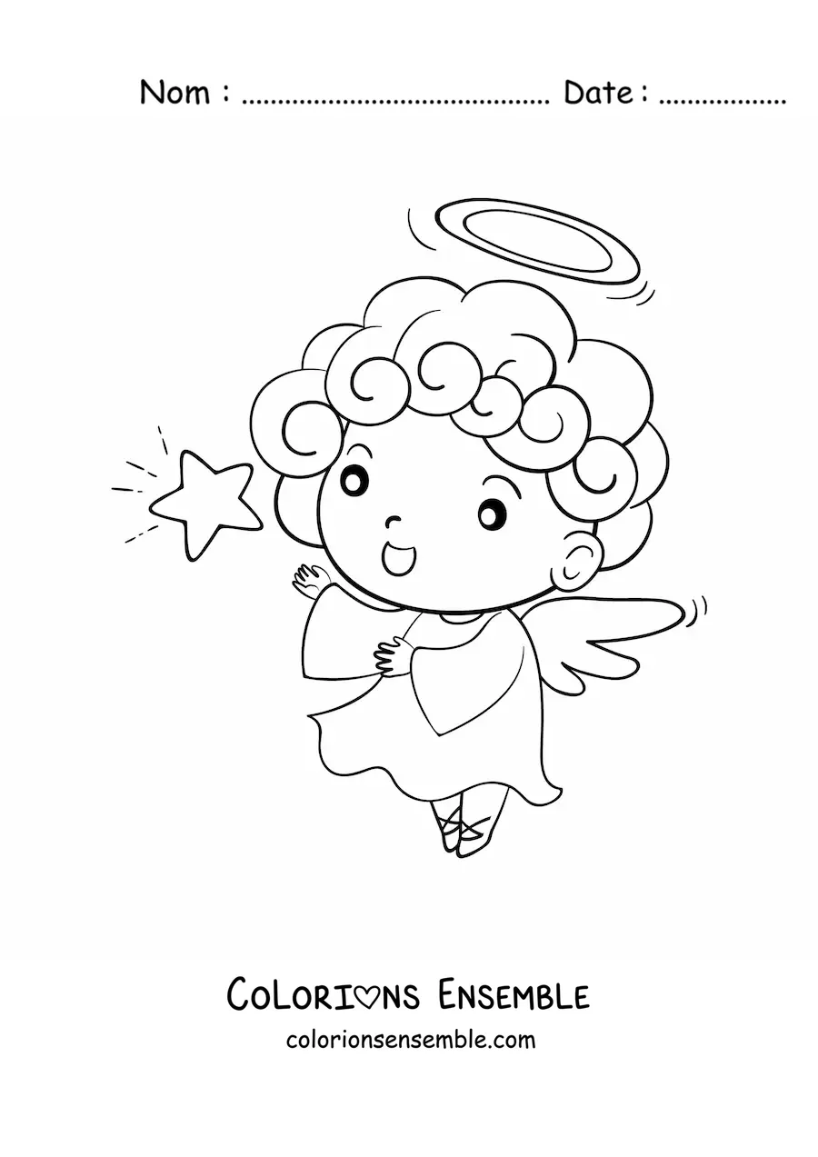 Coloriage d'un petit garçon ange animé qui vole avec une étoile